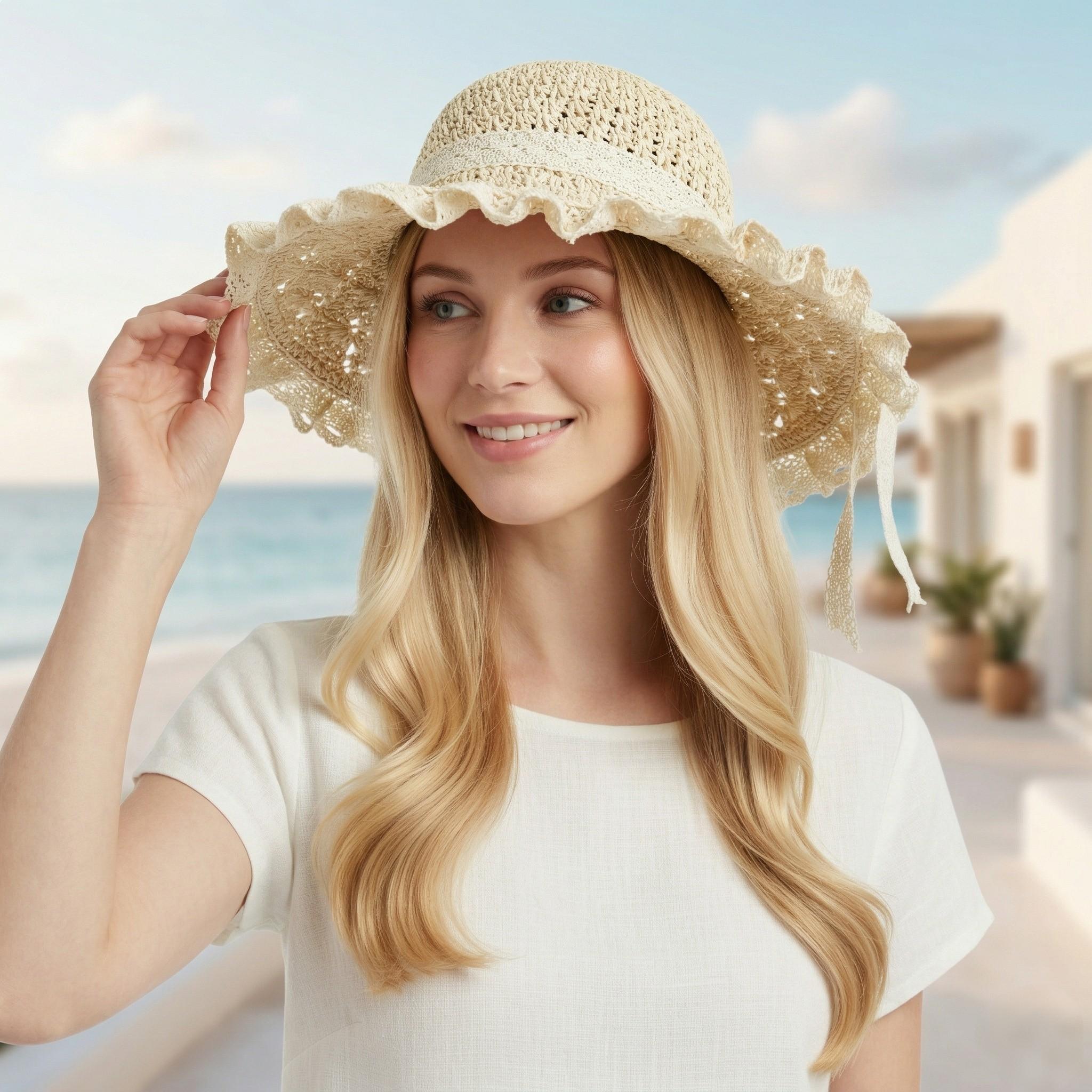 Anna-Kaci Womens Wide Brim Straw Sun Hat Lace Trim Breathable Floppy Beach Vacation Hat
