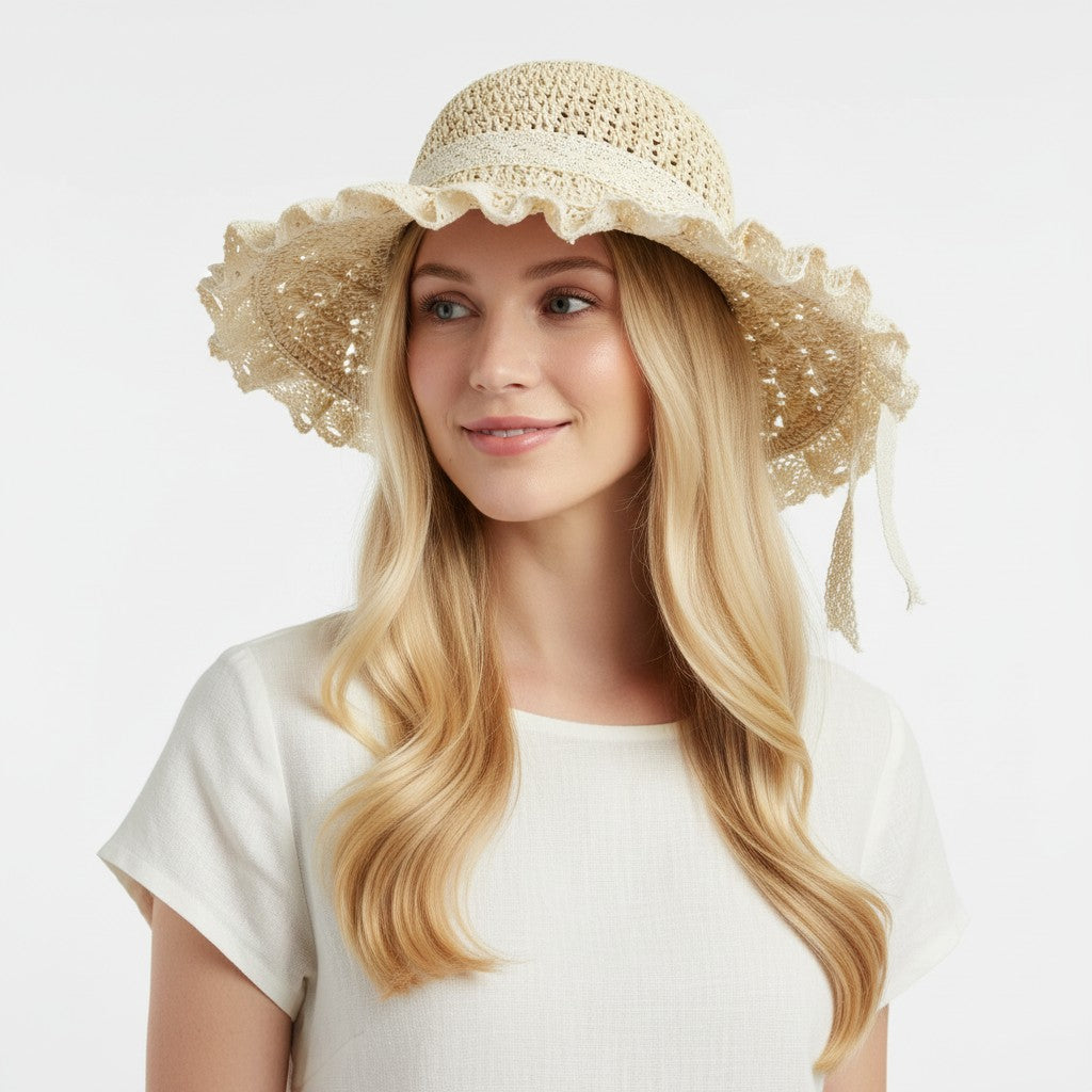Anna-Kaci Womens Wide Brim Straw Sun Hat Lace Trim Breathable Floppy Beach Vacation Hat