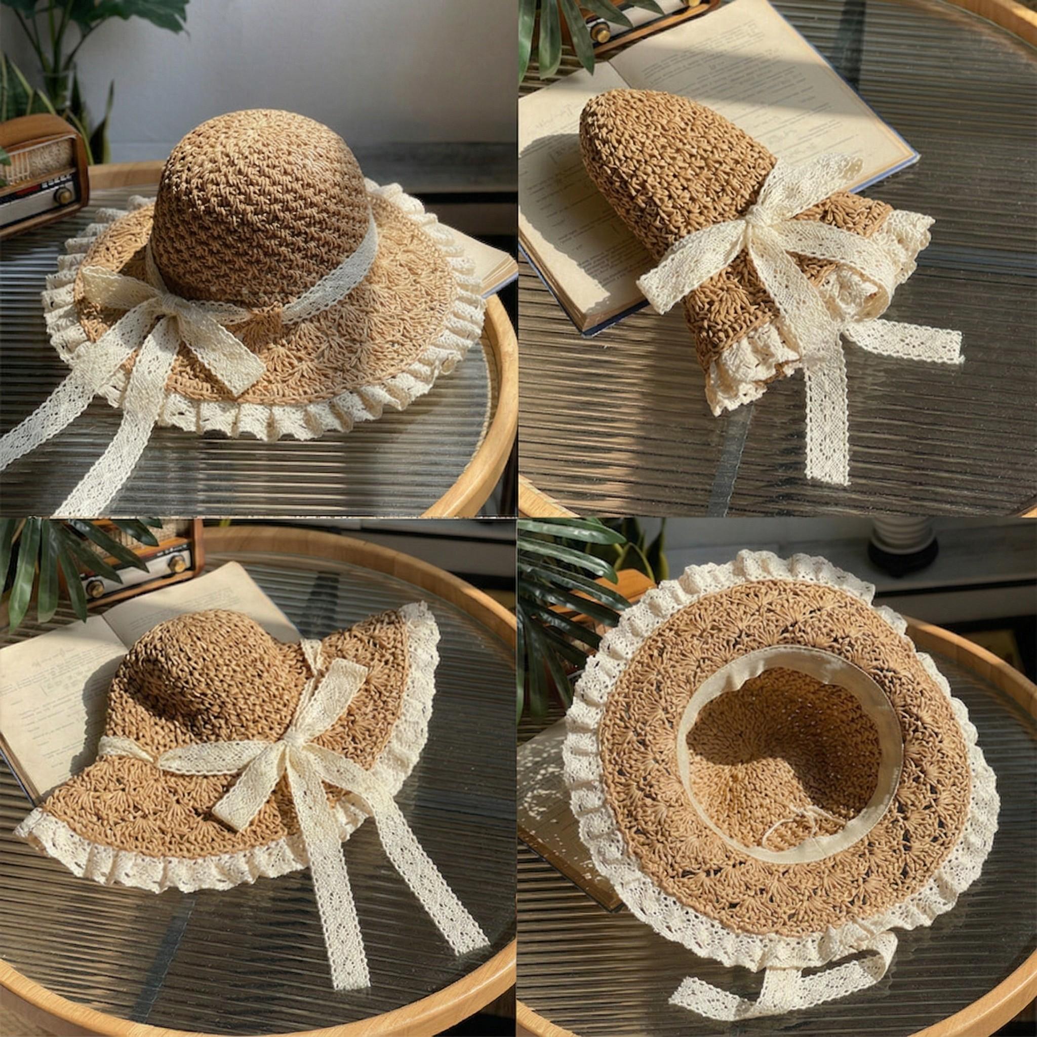 Anna-Kaci Womens Wide Brim Straw Sun Hat Lace Trim Breathable Floppy Beach Vacation Hat