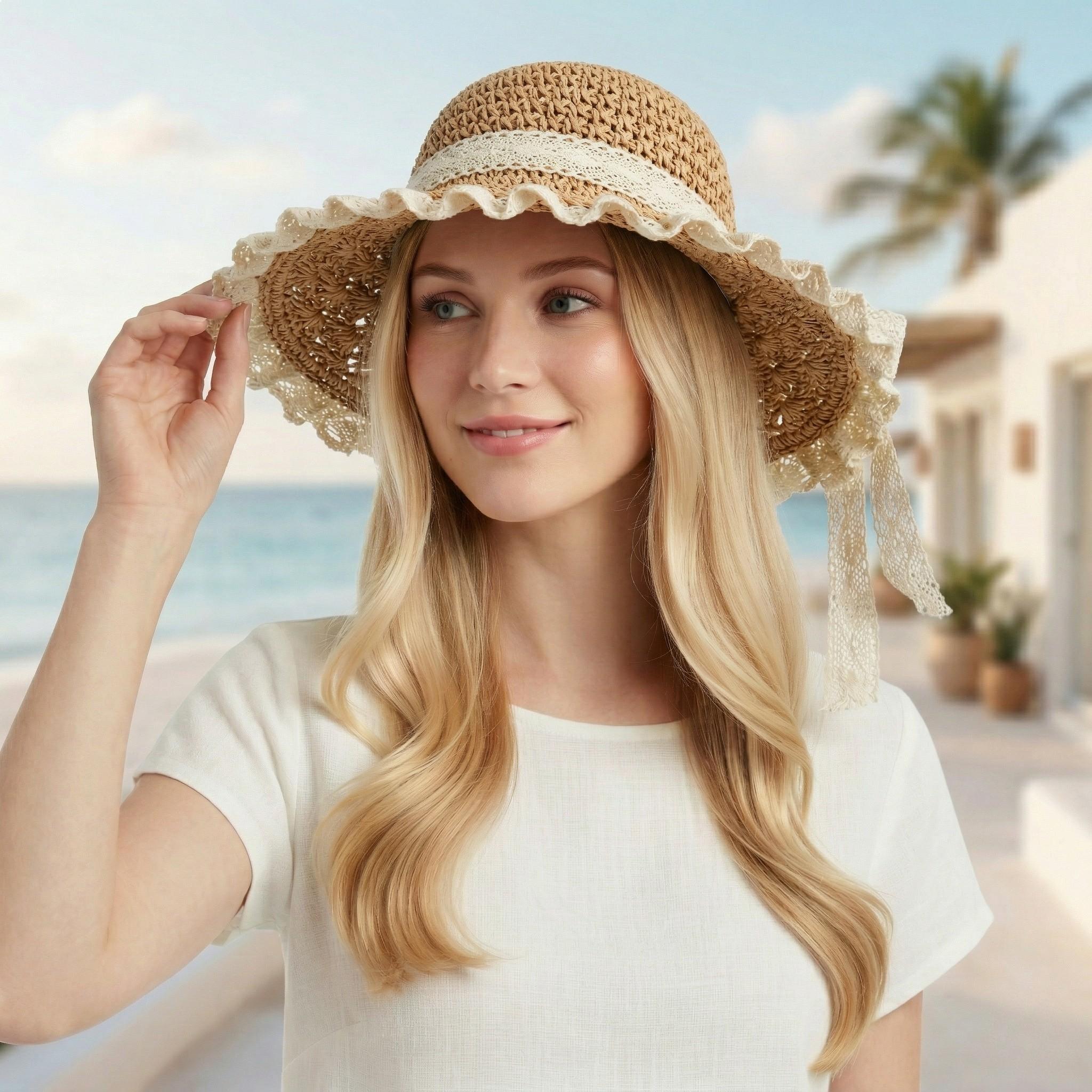 Anna-Kaci Womens Wide Brim Straw Sun Hat Lace Trim Breathable Floppy Beach Vacation Hat