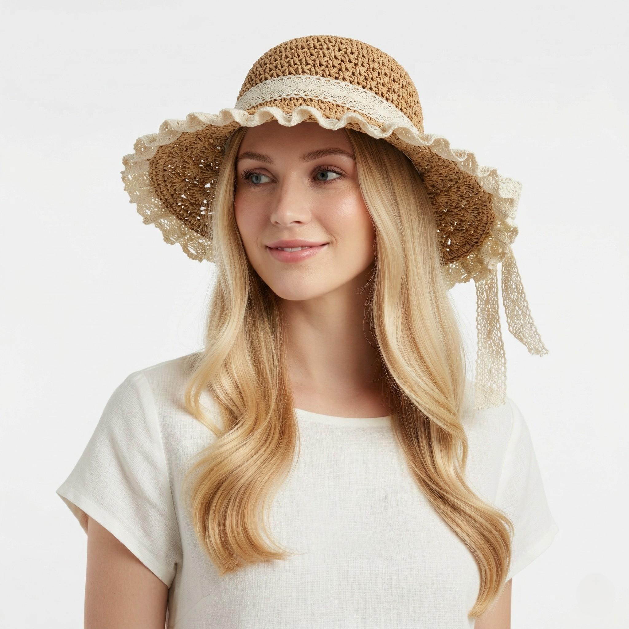 Anna-Kaci Womens Wide Brim Straw Sun Hat Lace Trim Breathable Floppy Beach Vacation Hat