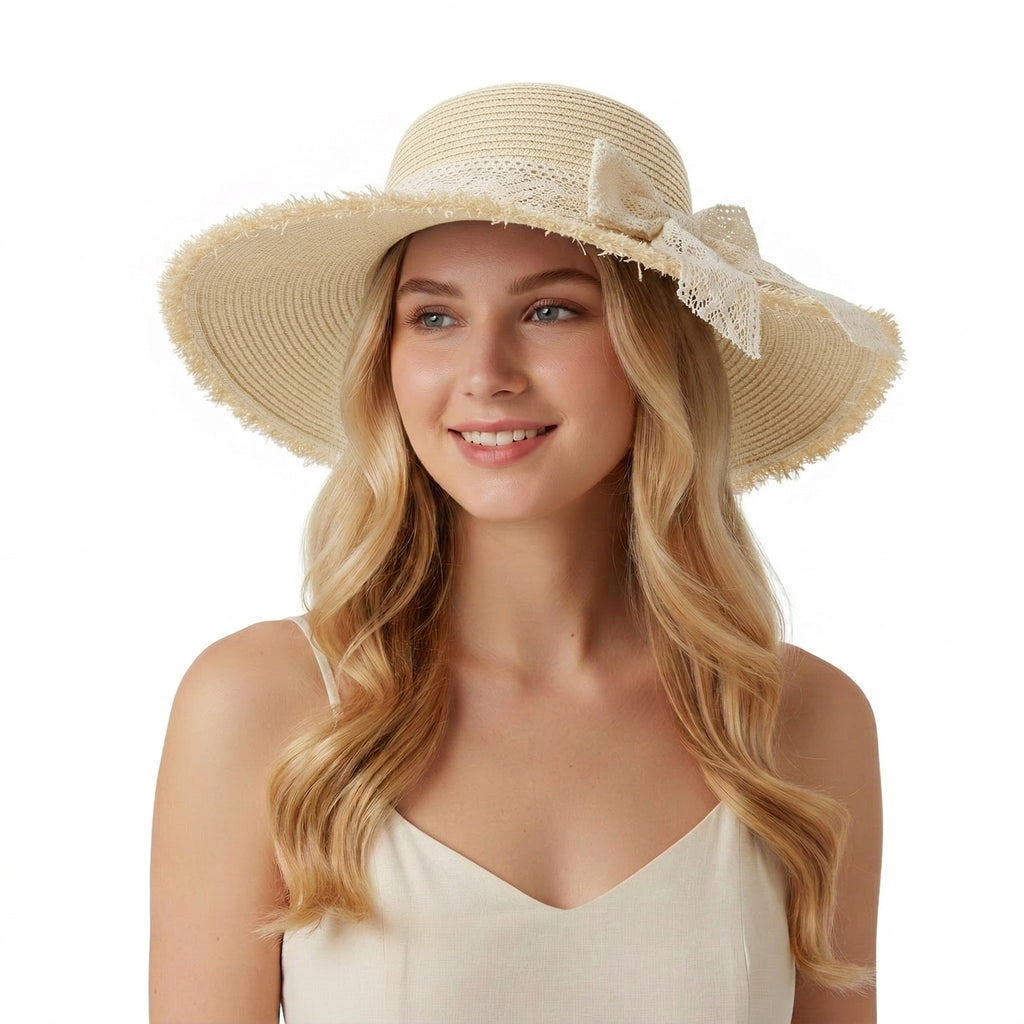 Anna-Kaci Womens Wide Brim Straw Sun Hat with Lace Tie Breathable Summer Beach Floppy Hat