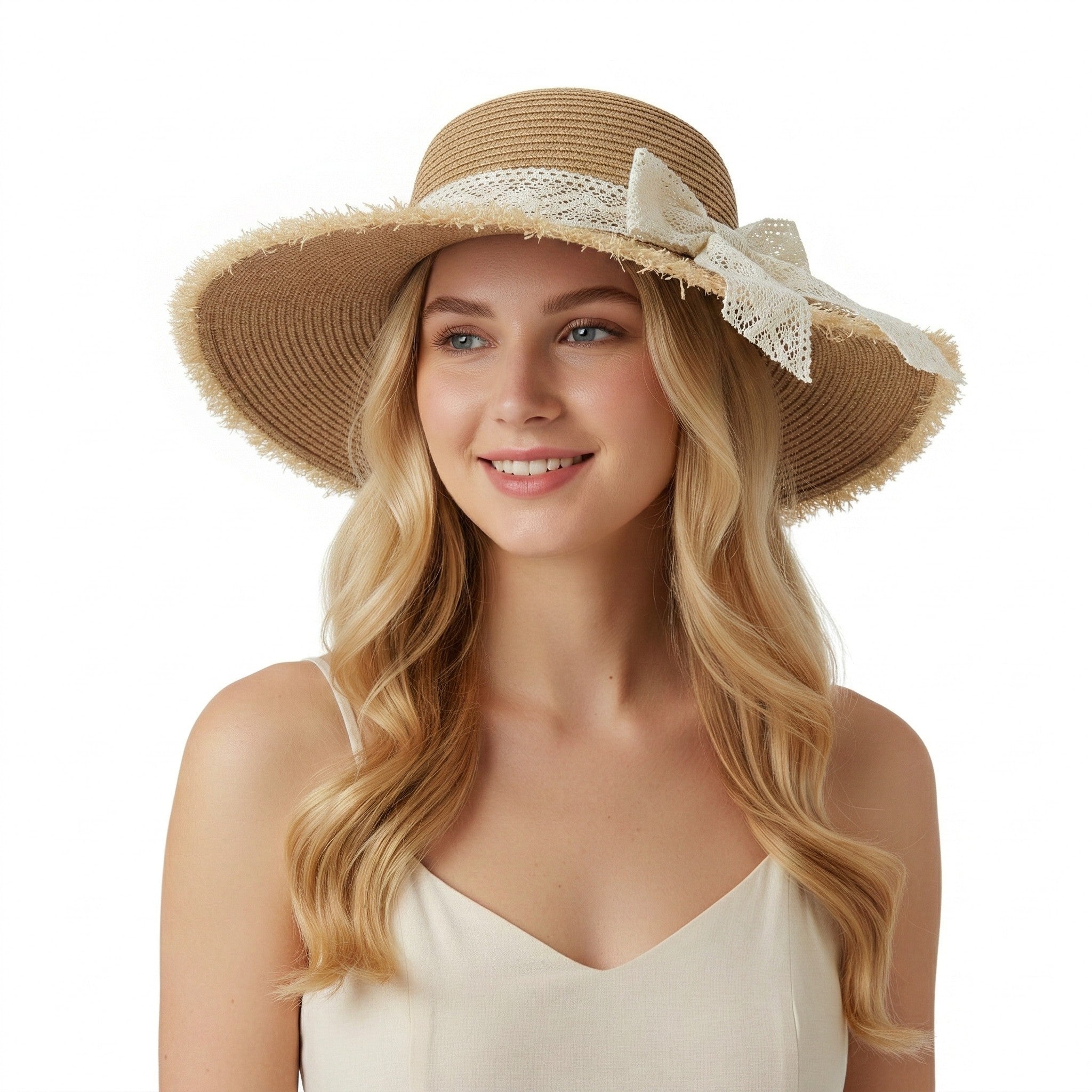 Anna-Kaci Womens Wide Brim Straw Sun Hat with Lace Tie Breathable Summer Beach Floppy Hat