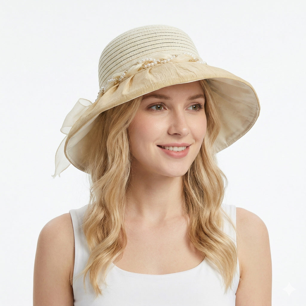 Anna-Kaci Womens Wide Brim Straw Sun Hat Elegant Beach Vacation Hat Lightweight Breathable Summer Hat
