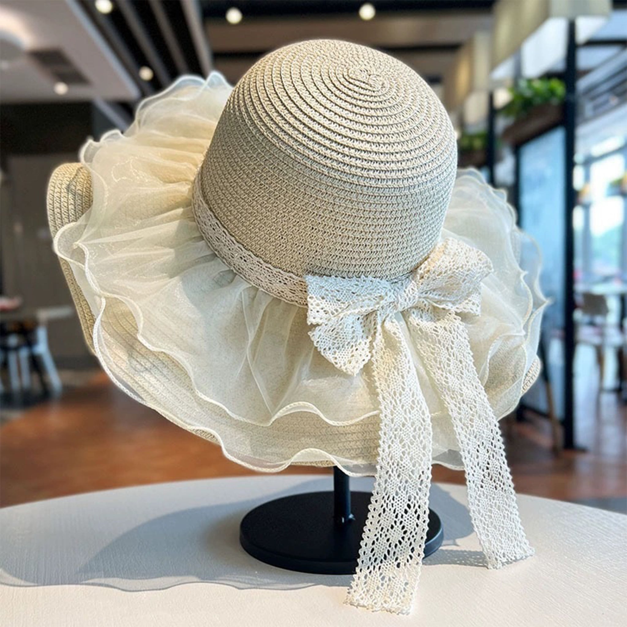Anna-Kaci Womens Wide Brim Straw Sun Hat Mesh Trim Elegant Summer Beach Vacation Hat
