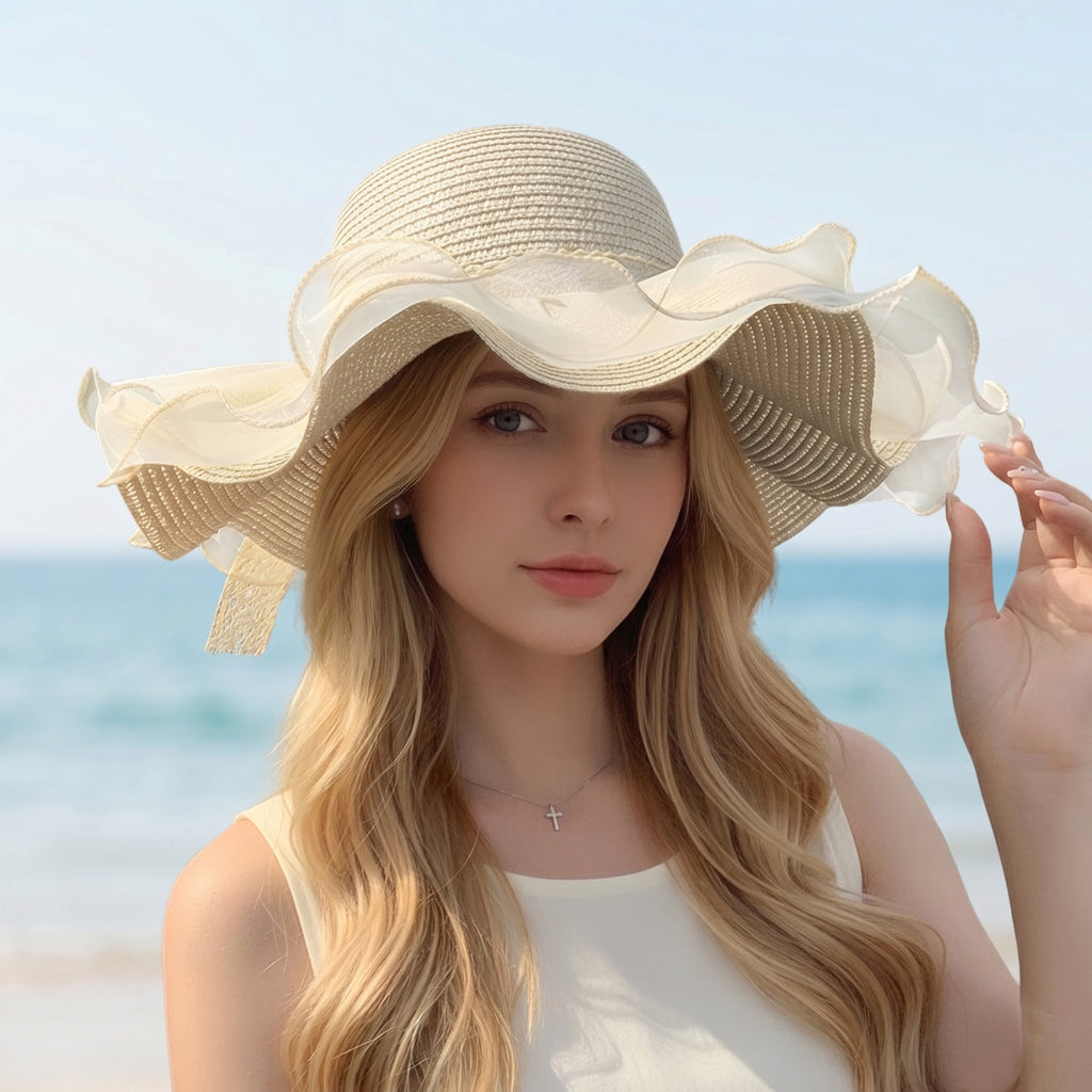 Anna-Kaci Womens Wide Brim Straw Sun Hat Mesh Trim Elegant Summer Beach Vacation Hat