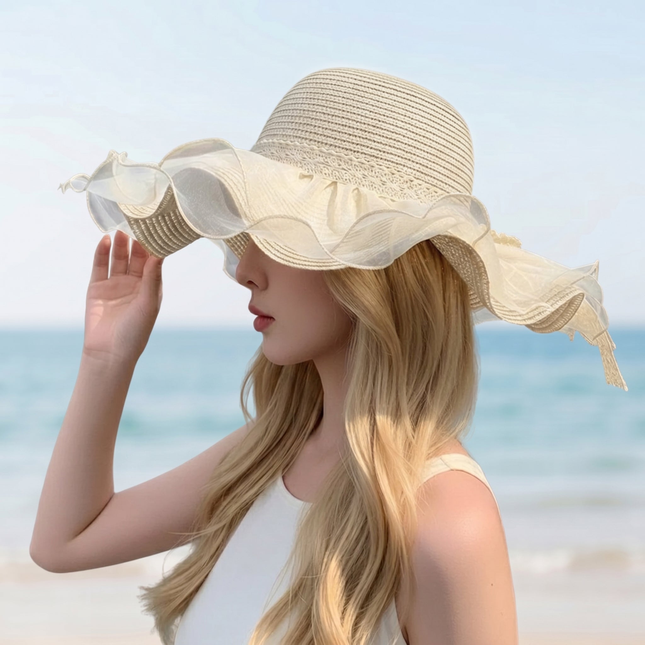 Anna-Kaci Womens Wide Brim Straw Sun Hat Mesh Trim Elegant Summer Beach Vacation Hat