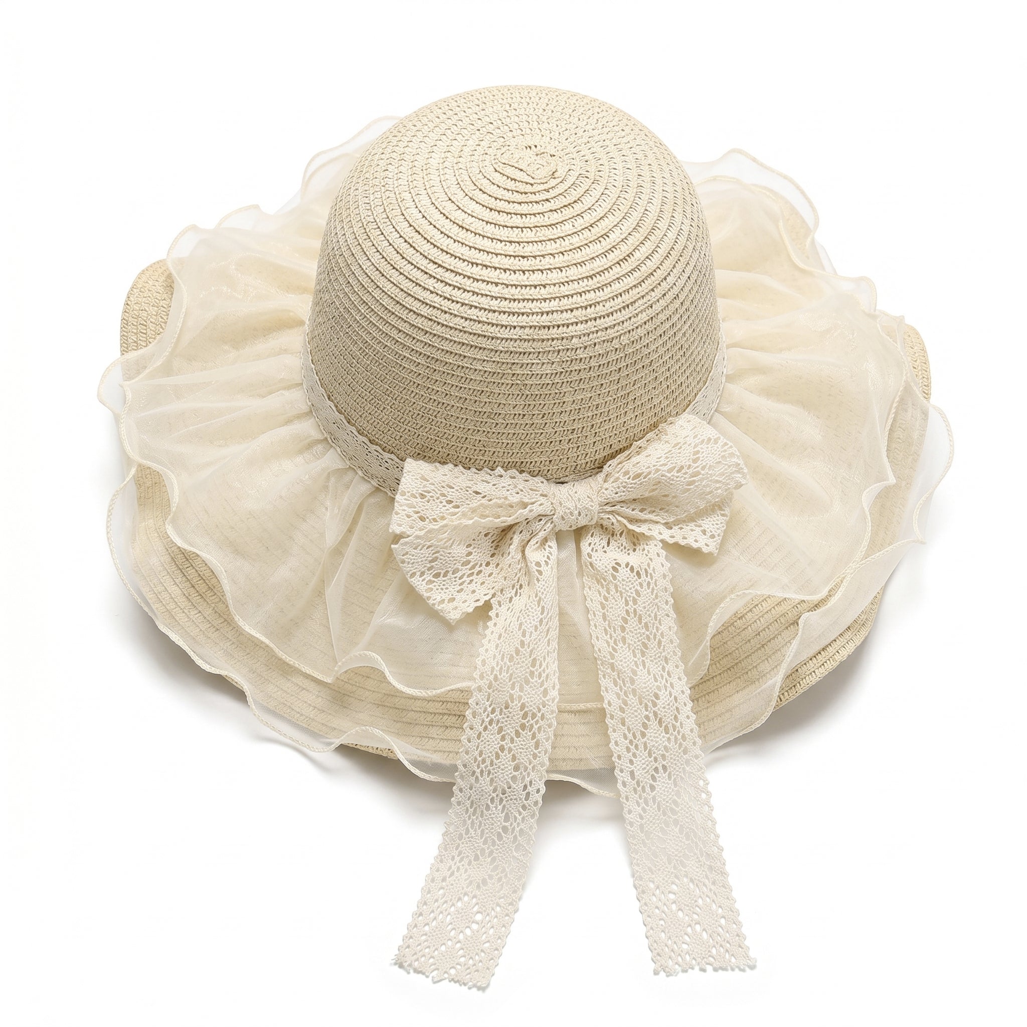 Anna-Kaci Womens Wide Brim Straw Sun Hat Mesh Trim Elegant Summer Beach Vacation Hat