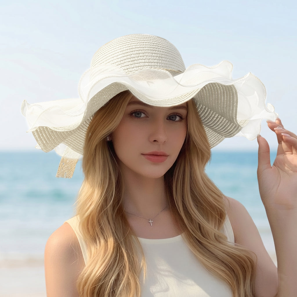 Anna-Kaci Womens Wide Brim Straw Sun Hat Mesh Trim Elegant Summer Beach Vacation Hat
