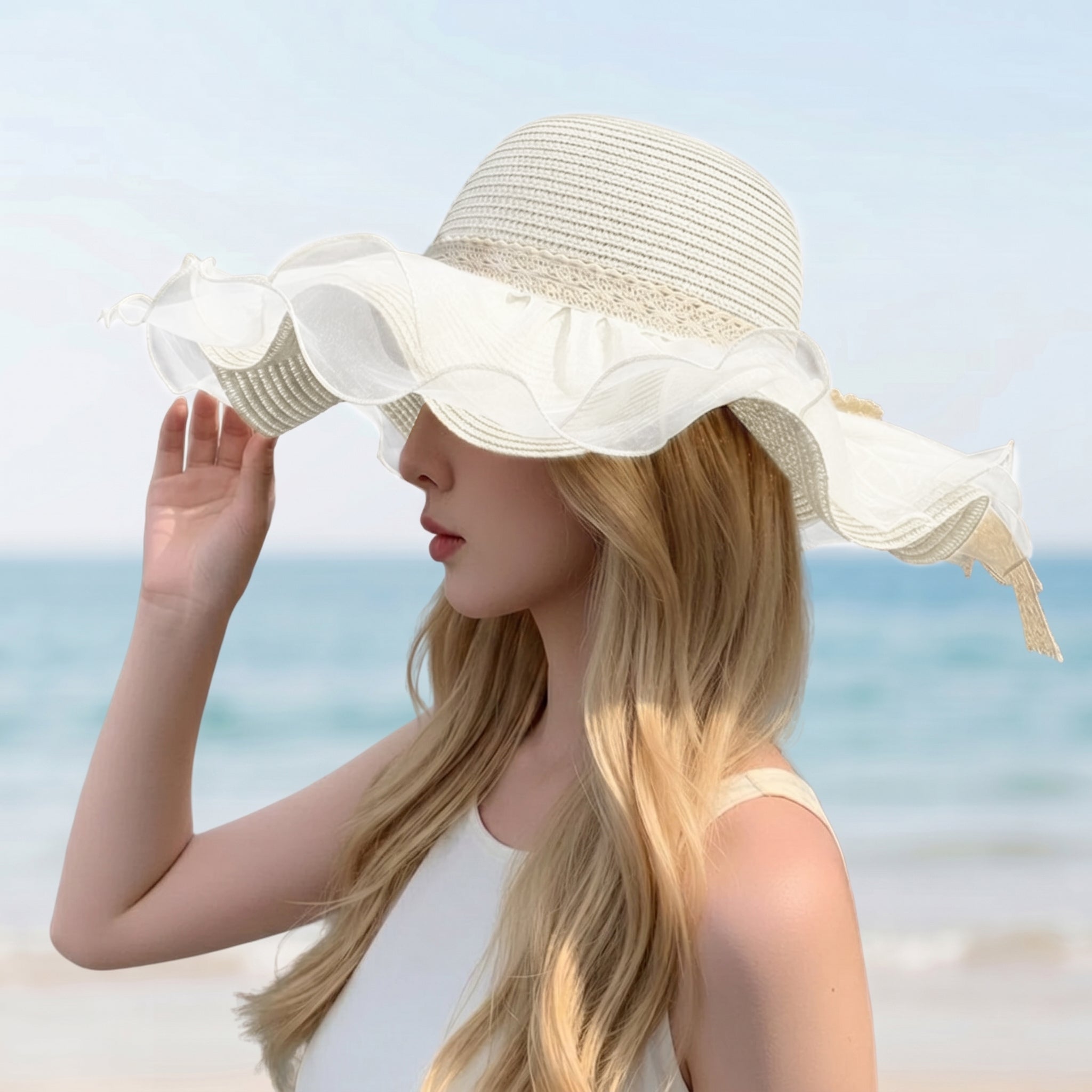 Anna-Kaci Womens Wide Brim Straw Sun Hat Mesh Trim Elegant Summer Beach Vacation Hat