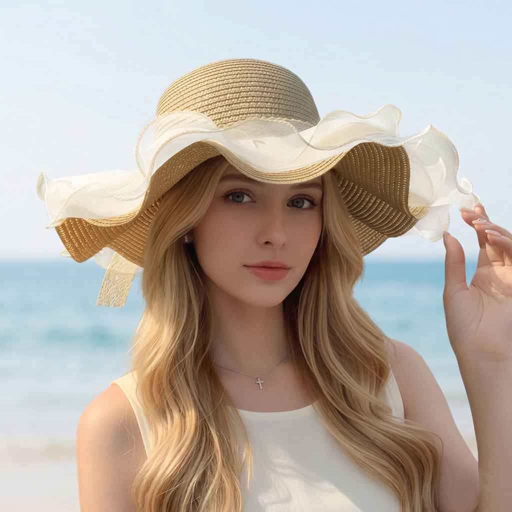 Anna-Kaci Womens Wide Brim Straw Sun Hat Mesh Trim Elegant Summer Beach Vacation Hat