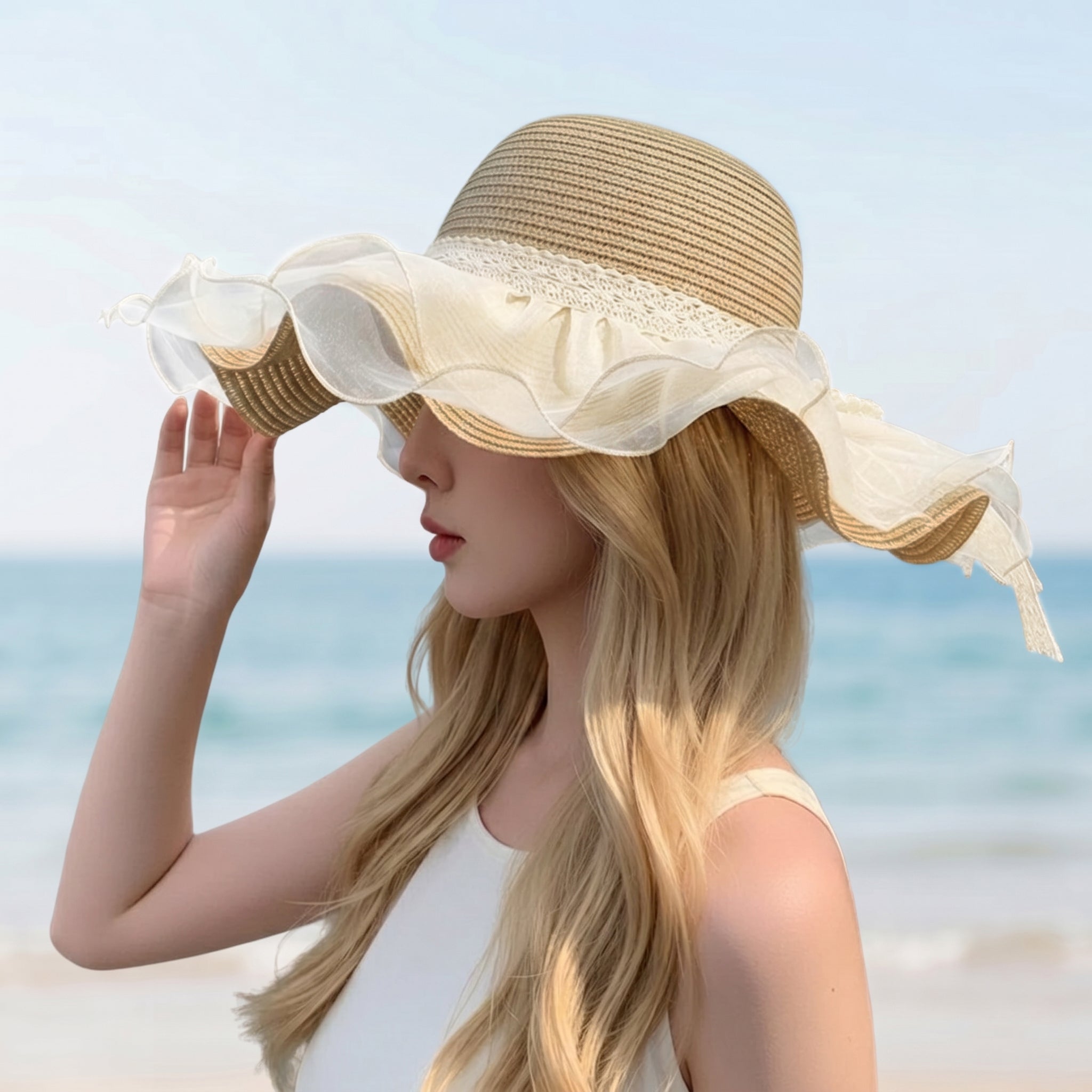 Anna-Kaci Womens Wide Brim Straw Sun Hat Mesh Trim Elegant Summer Beach Vacation Hat