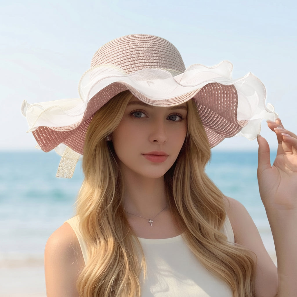 Anna-Kaci Womens Wide Brim Straw Sun Hat Mesh Trim Elegant Summer Beach Vacation Hat