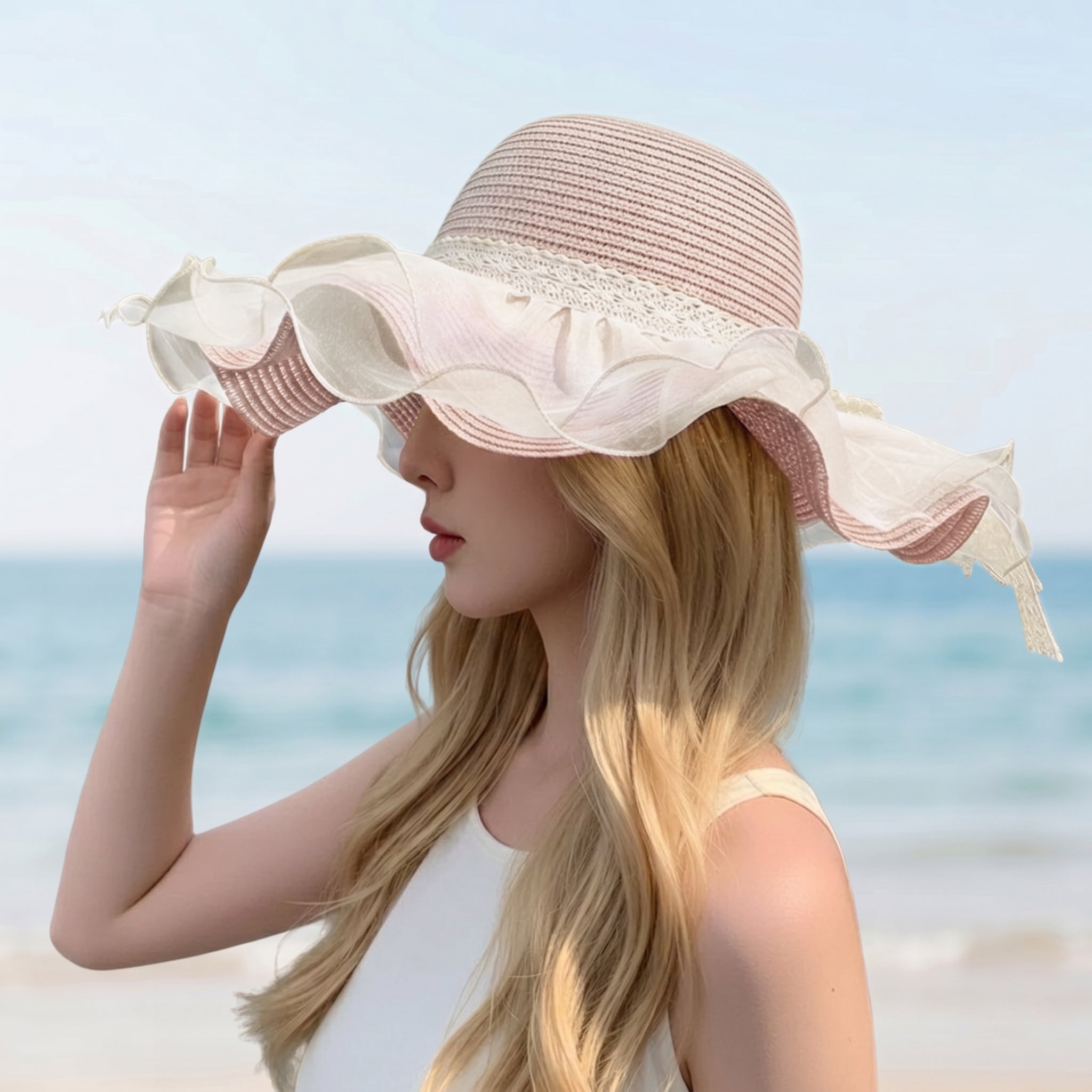 Anna-Kaci Womens Wide Brim Straw Sun Hat Mesh Trim Elegant Summer Beach Vacation Hat