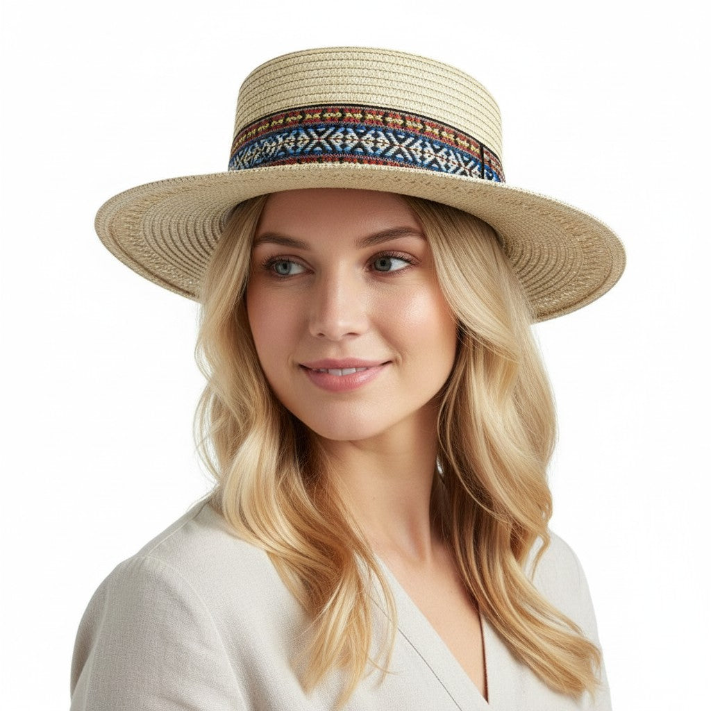 Anna-Kaci Womens Straw Boater Hat Wide Brim Summer Beach Hat Woven Band Flat Top Sun Hat