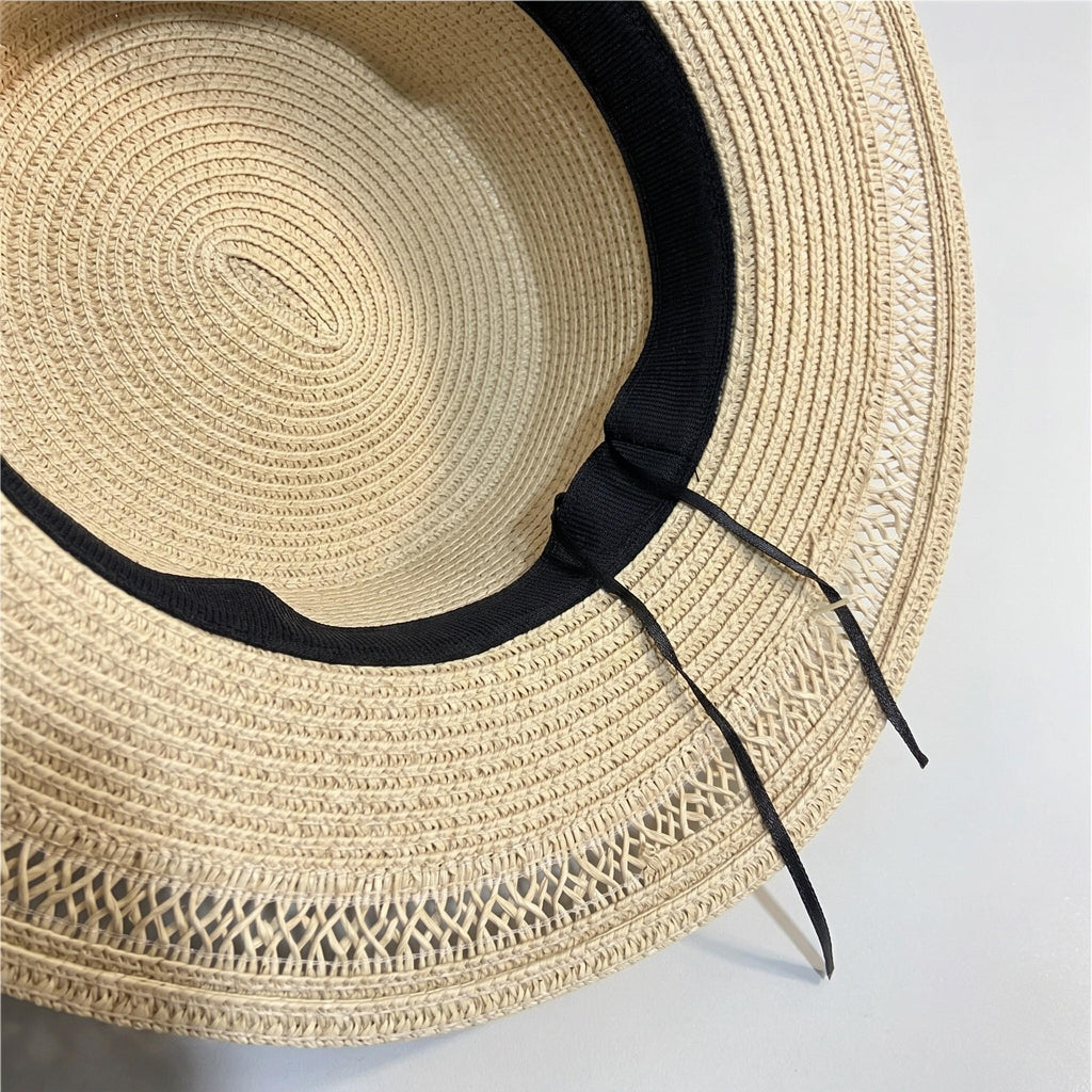 Anna-Kaci Womens Straw Boater Hat Wide Brim Summer Beach Hat Woven Band Flat Top Sun Hat