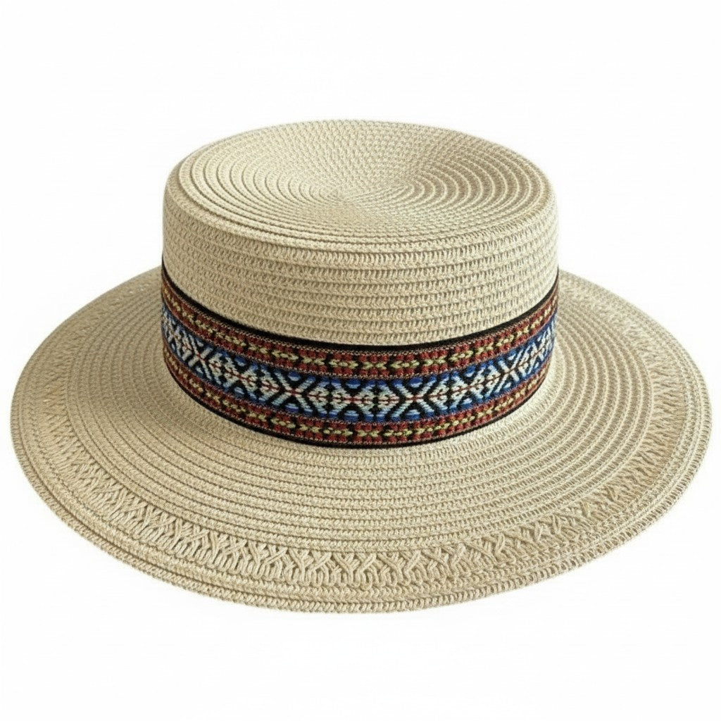 Anna-Kaci Womens Straw Boater Hat Wide Brim Summer Beach Hat Woven Band Flat Top Sun Hat