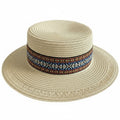 Anna-Kaci Womens Straw Boater Hat Wide Brim Summer Beach Hat Woven Band Flat Top Sun Hat