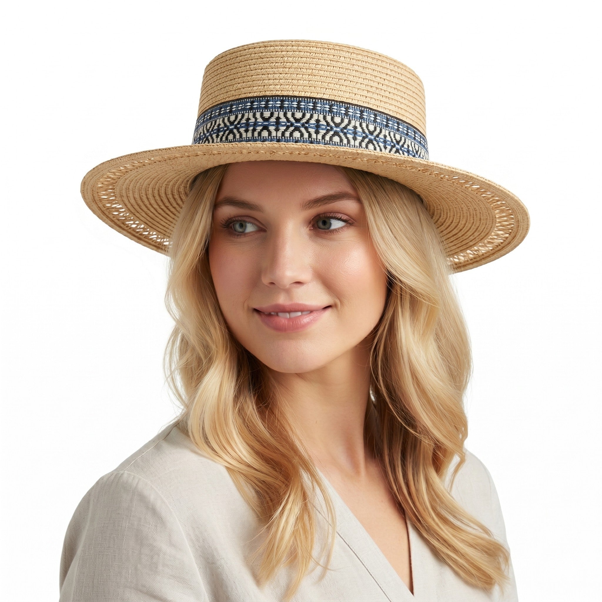 Anna-Kaci Womens Straw Boater Hat Wide Brim Summer Beach Hat Woven Band Flat Top Sun Hat