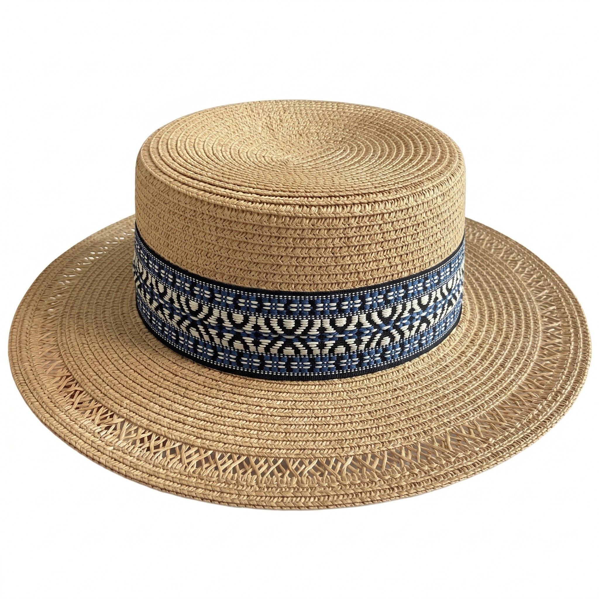 Anna-Kaci Womens Straw Boater Hat Wide Brim Summer Beach Hat Woven Band Flat Top Sun Hat