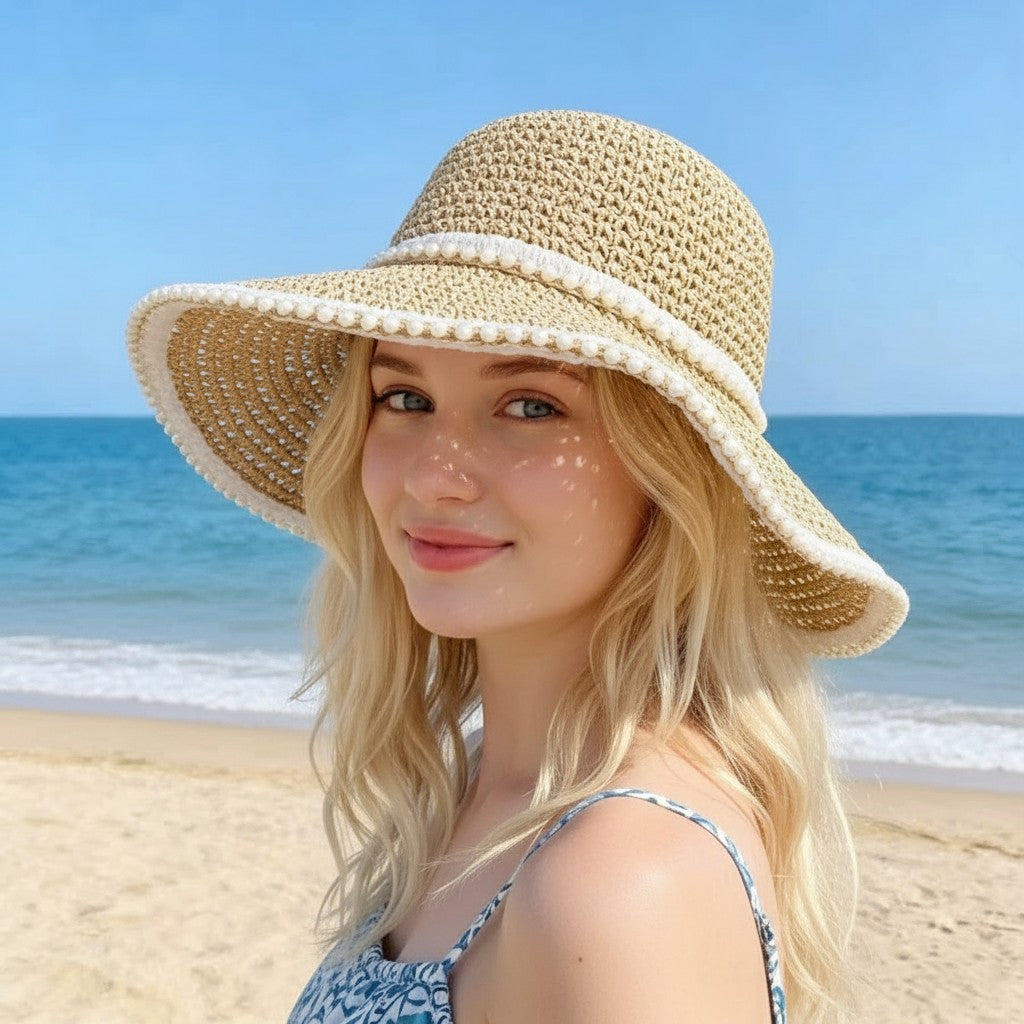 Anna-Kaci Womens Wide Brim Straw Sun Hat Fabric Trim Beach Vacation UV Protection Summer Hat