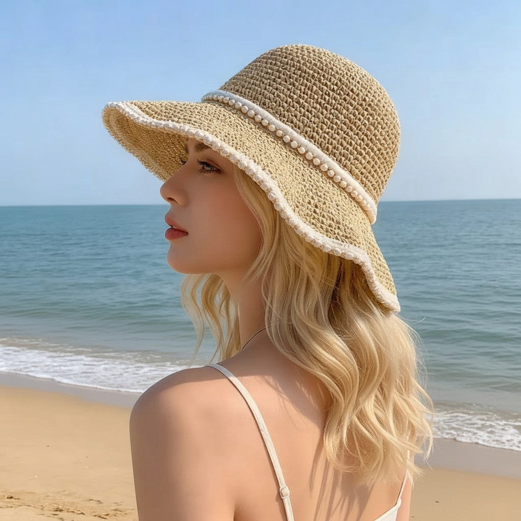 Anna-Kaci Womens Wide Brim Straw Sun Hat Fabric Trim Beach Vacation UV Protection Summer Hat