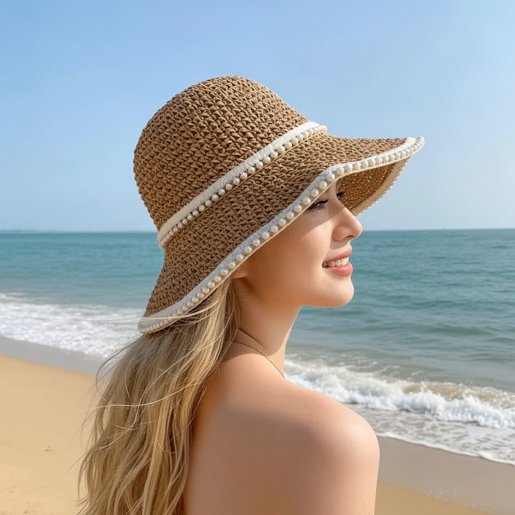 Anna-Kaci Womens Wide Brim Straw Sun Hat Fabric Trim Beach Vacation UV Protection Summer Hat