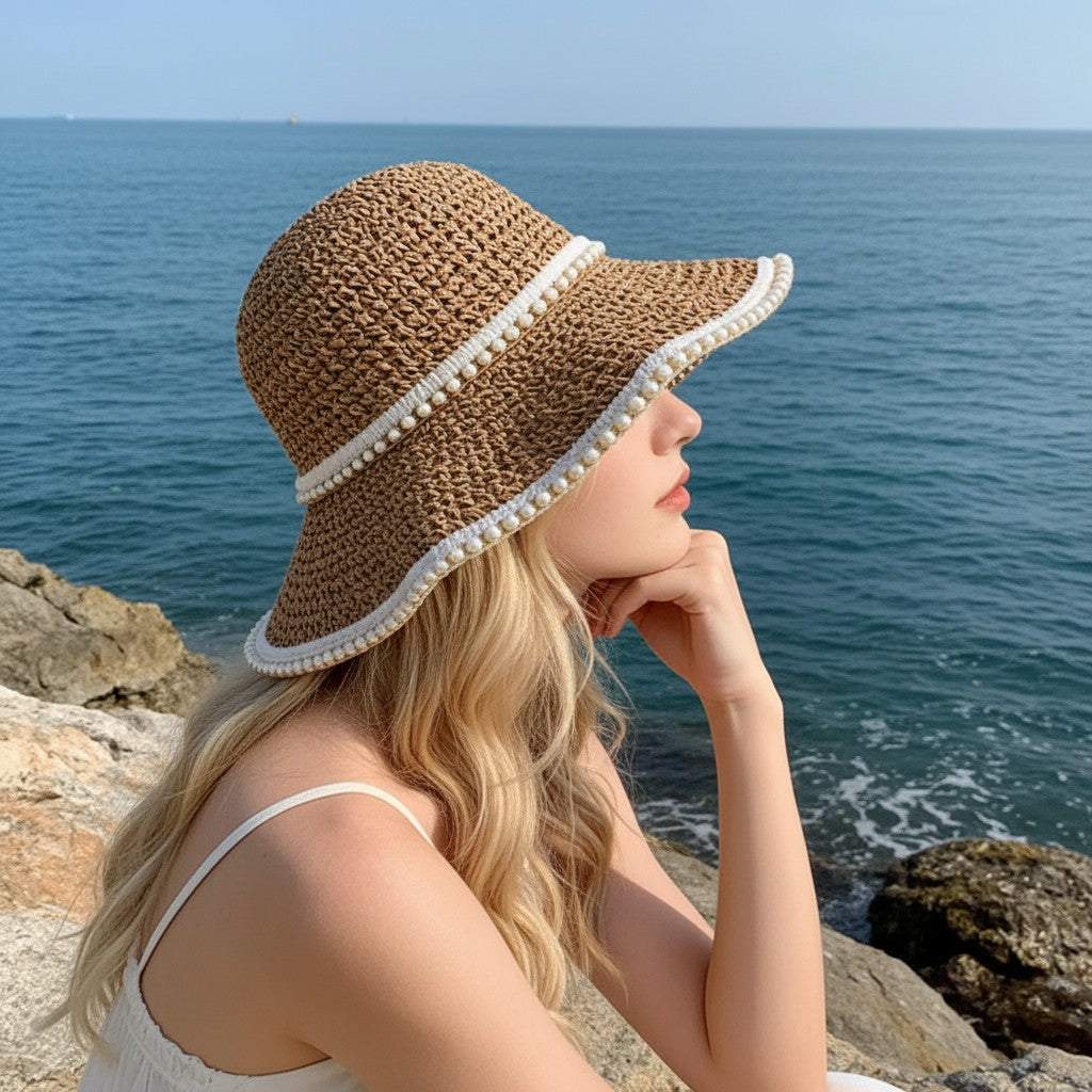 Anna-Kaci Womens Wide Brim Straw Sun Hat Fabric Trim Beach Vacation UV Protection Summer Hat