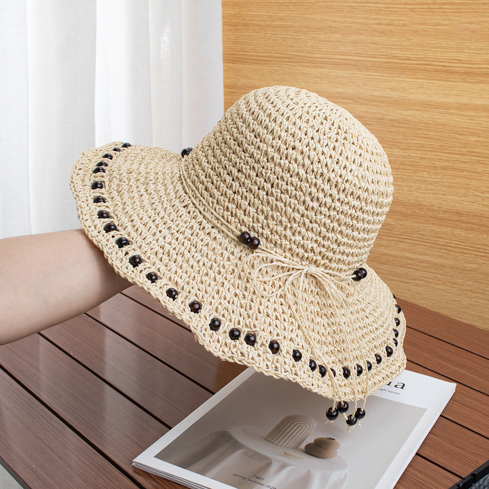 Anna-Kaci Womens Wide Brim Straw Sun Hat Beaded Trim Handmade Crochet Beach Vacation Hat