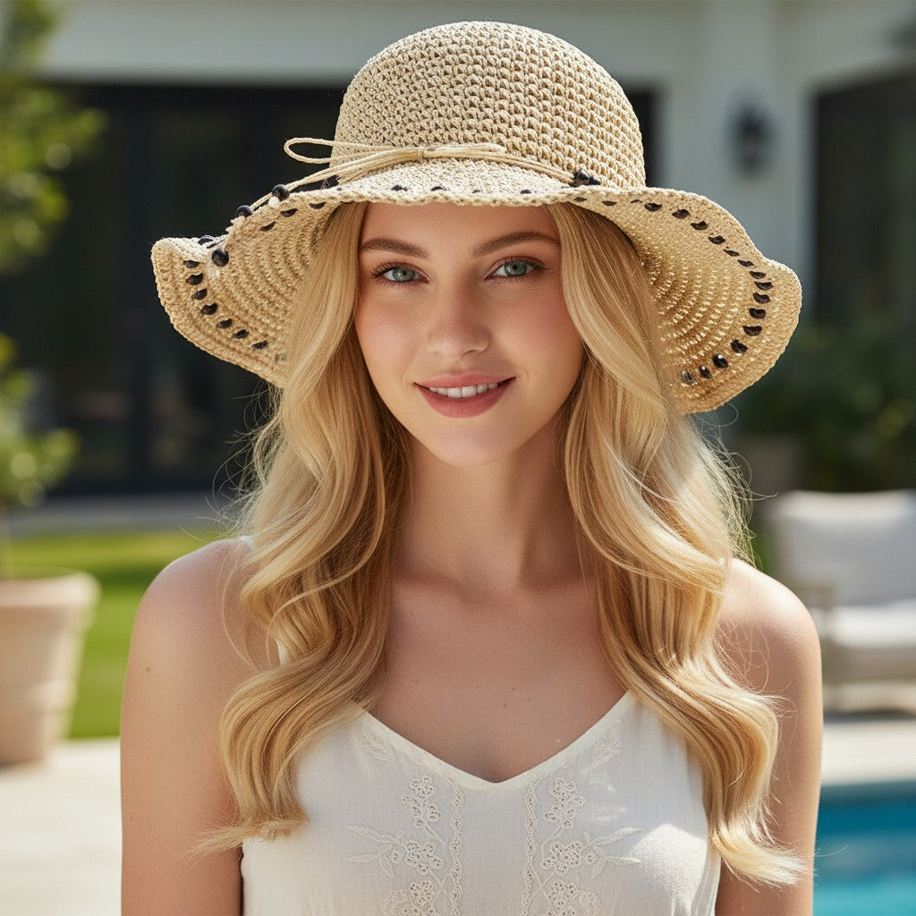 Anna-Kaci Womens Wide Brim Straw Sun Hat Beaded Trim Handmade Crochet Beach Vacation Hat