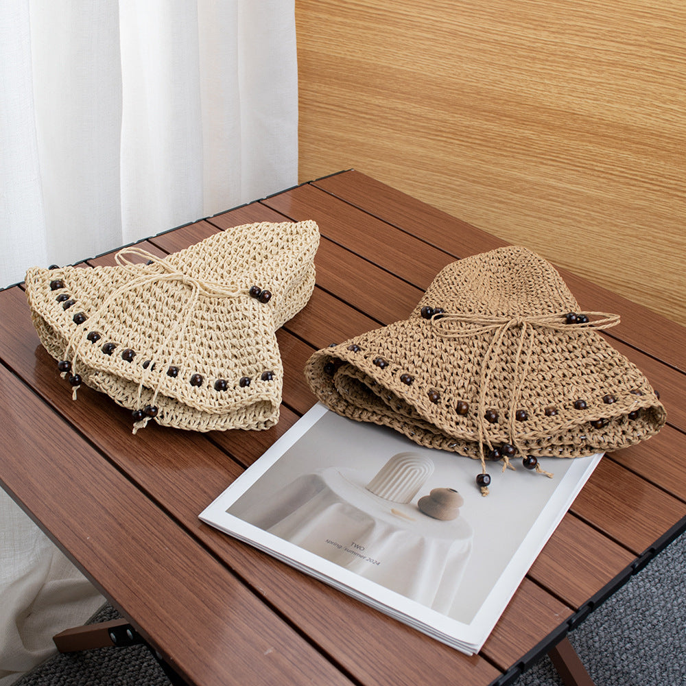 Anna-Kaci Womens Wide Brim Straw Sun Hat Beaded Trim Handmade Crochet Beach Vacation Hat