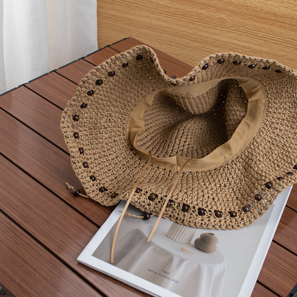 Anna-Kaci Womens Wide Brim Straw Sun Hat Beaded Trim Handmade Crochet Beach Vacation Hat