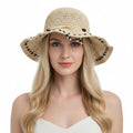 Anna-Kaci Womens Wide Brim Straw Sun Hat Beaded Trim Handmade Crochet Beach Vacation Hat