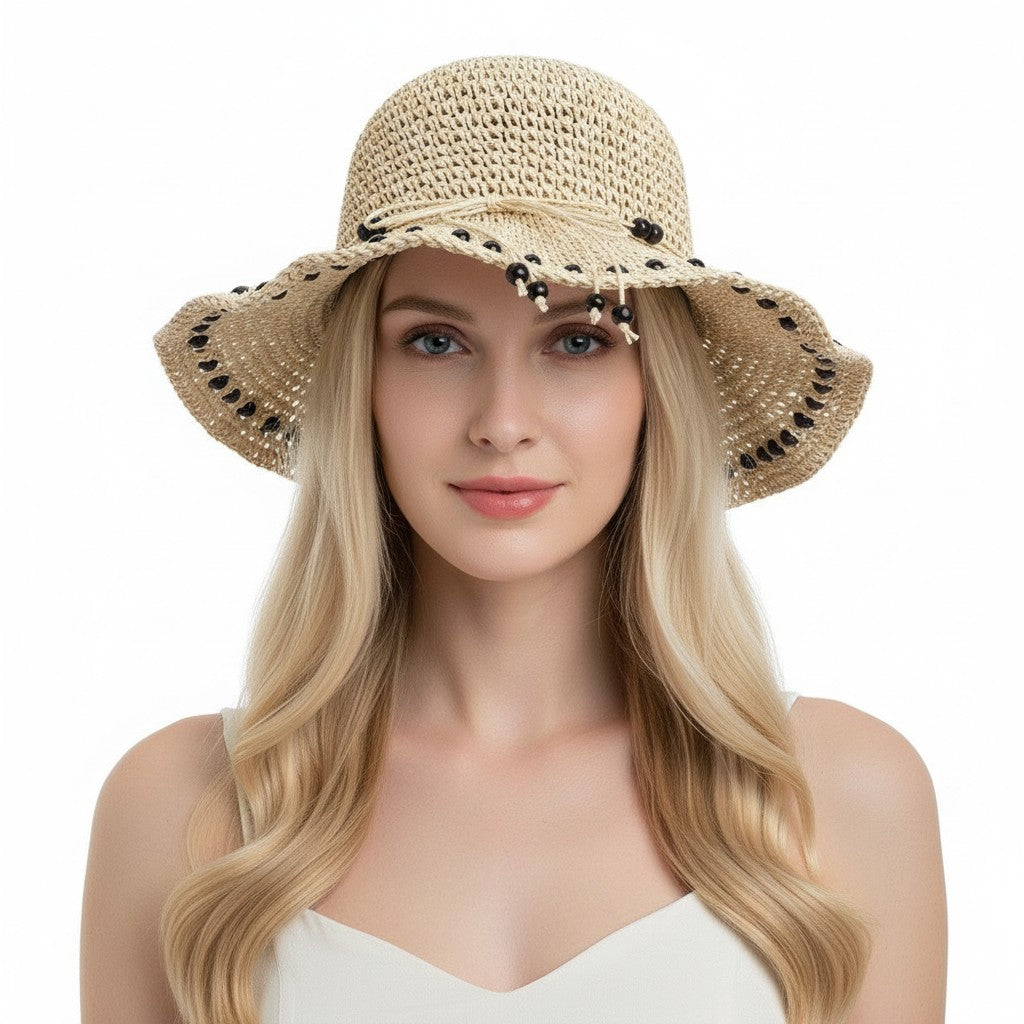 Anna-Kaci Womens Wide Brim Straw Sun Hat Beaded Trim Handmade Crochet Beach Vacation Hat