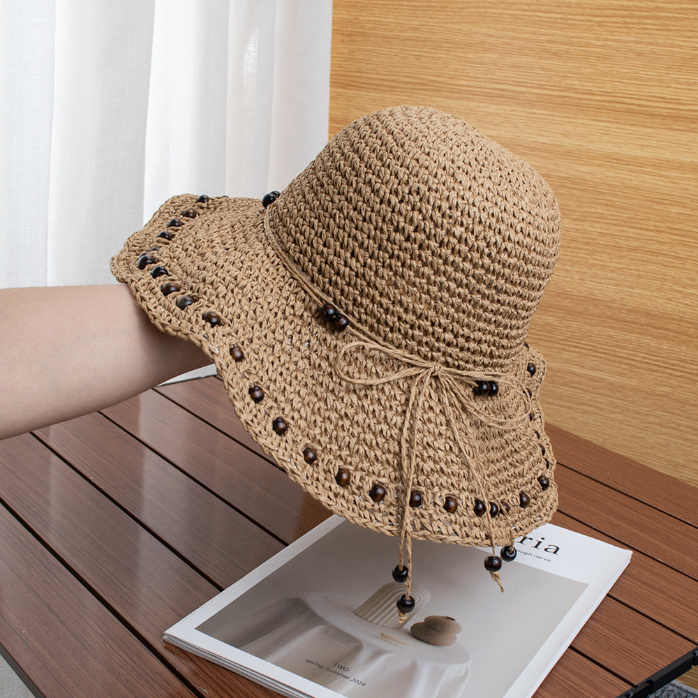 Anna-Kaci Womens Wide Brim Straw Sun Hat Beaded Trim Handmade Crochet Beach Vacation Hat