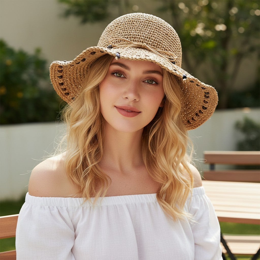 Anna-Kaci Womens Wide Brim Straw Sun Hat Beaded Trim Handmade Crochet Beach Vacation Hat