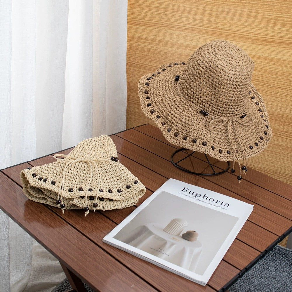 Anna-Kaci Womens Wide Brim Straw Sun Hat Beaded Trim Handmade Crochet Beach Vacation Hat