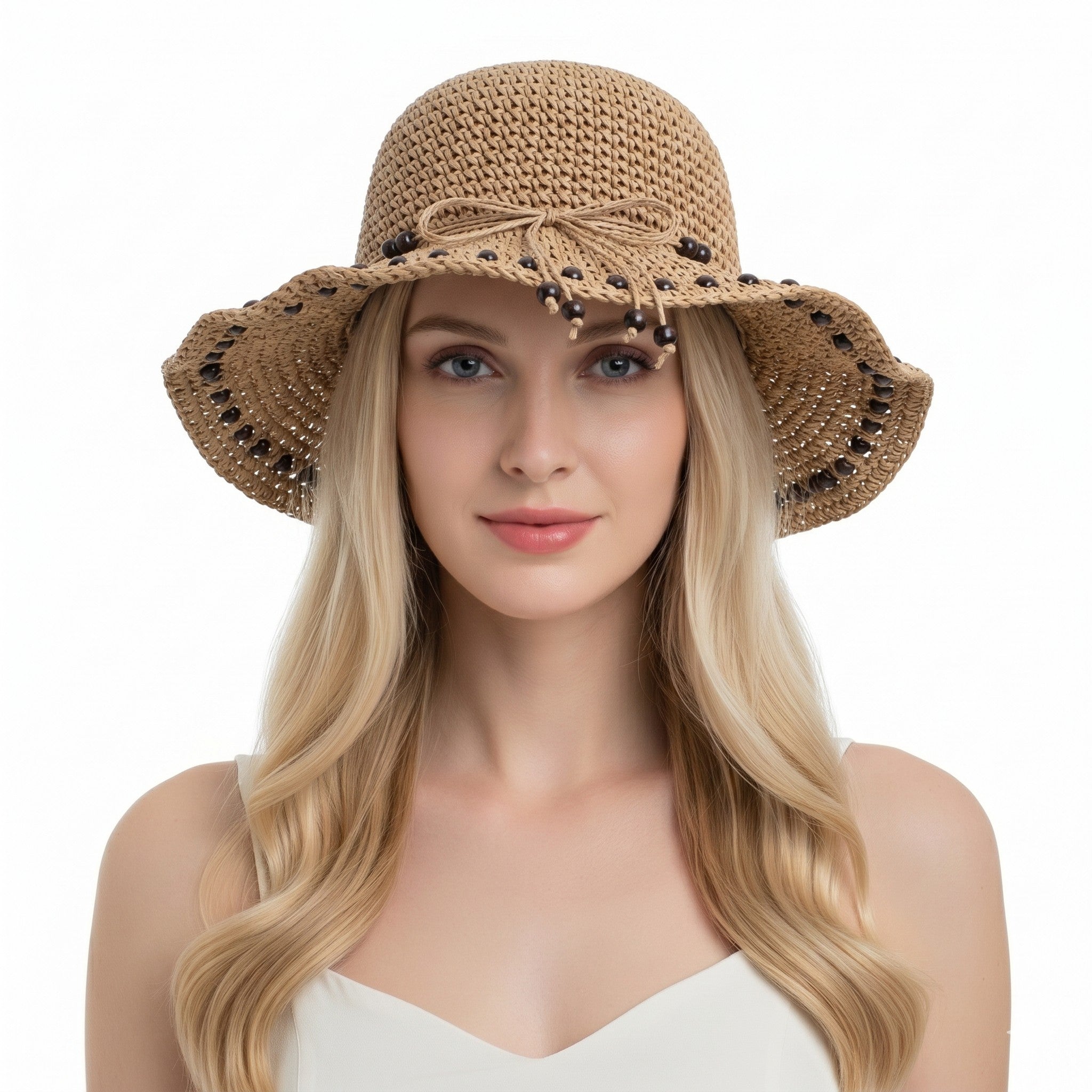 Anna-Kaci Womens Wide Brim Straw Sun Hat Beaded Trim Handmade Crochet Beach Vacation Hat