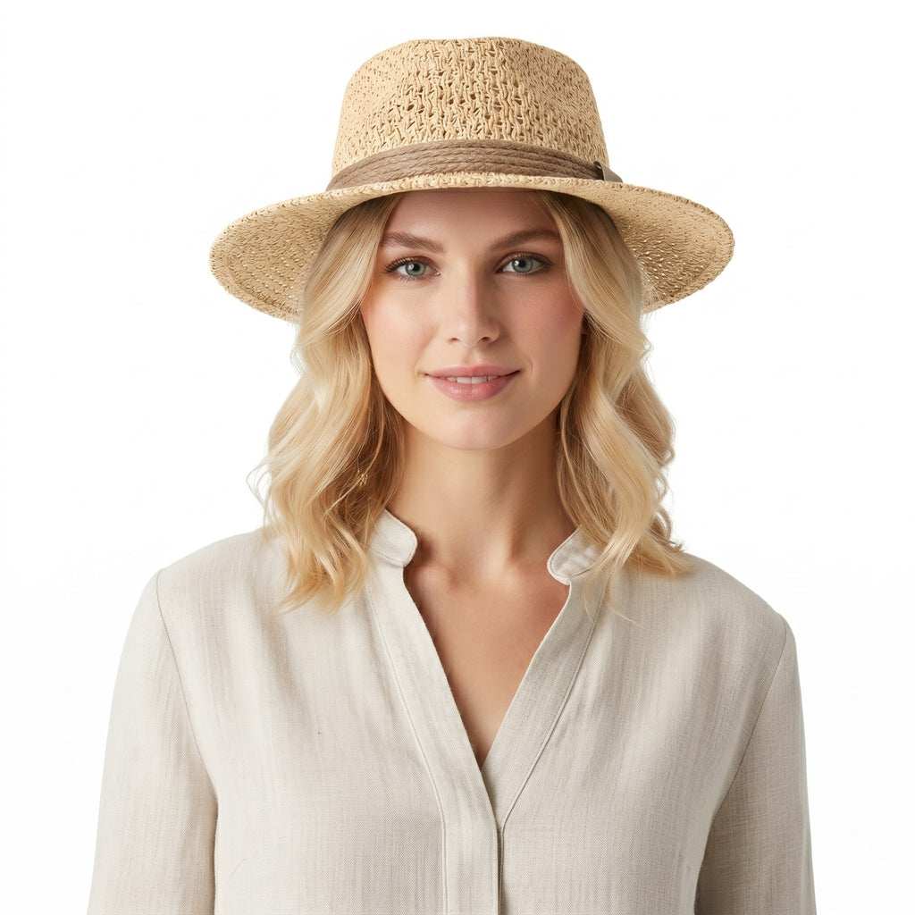 Anna-Kaci Womens Flat Top Straw Boater Hat Wide Brim Summer Beach Vacation Sun Hat