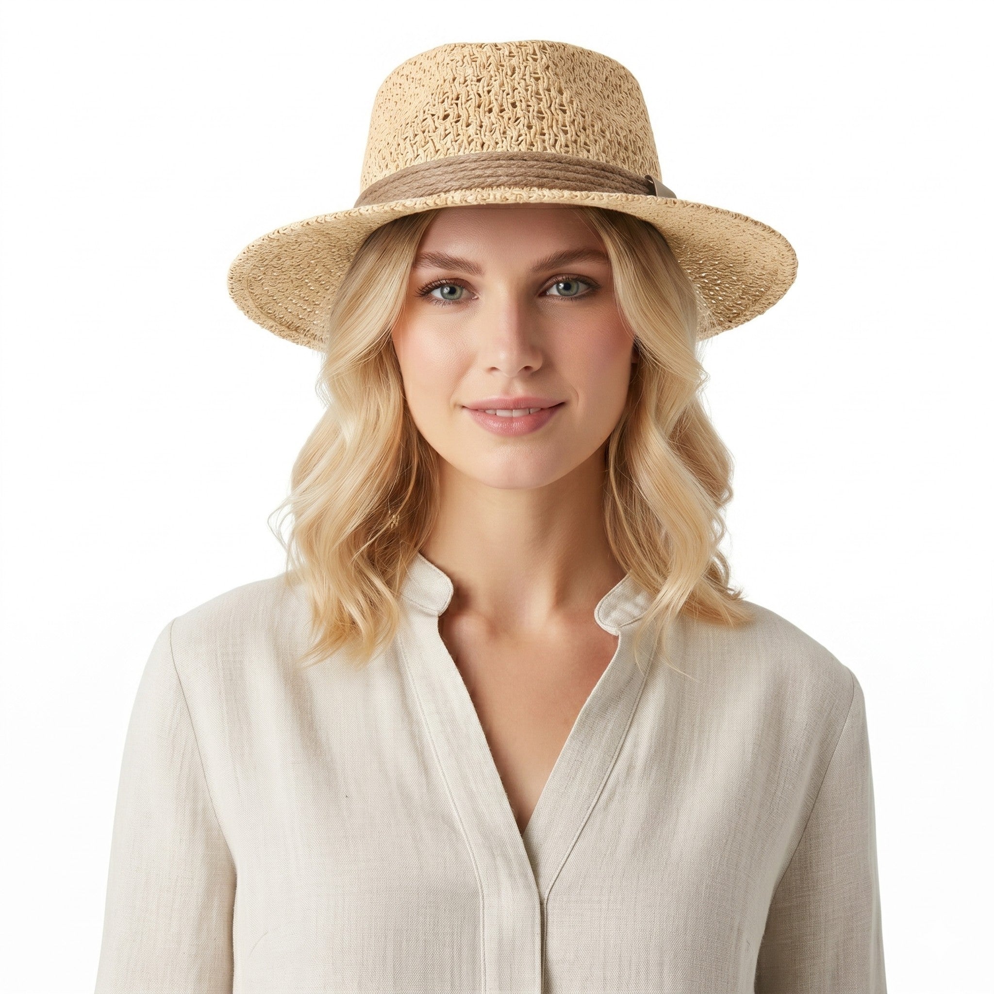 Anna-Kaci Womens Flat Top Straw Boater Hat Wide Brim Summer Beach Vacation Sun Hat
