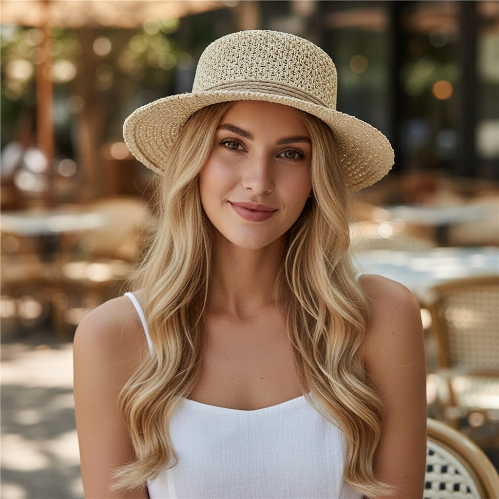 Anna-Kaci Womens Flat Top Straw Boater Hat Wide Brim Summer Beach Vacation Sun Hat