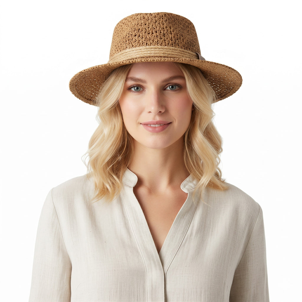 Anna-Kaci Womens Flat Top Straw Boater Hat Wide Brim Summer Beach Vacation Sun Hat