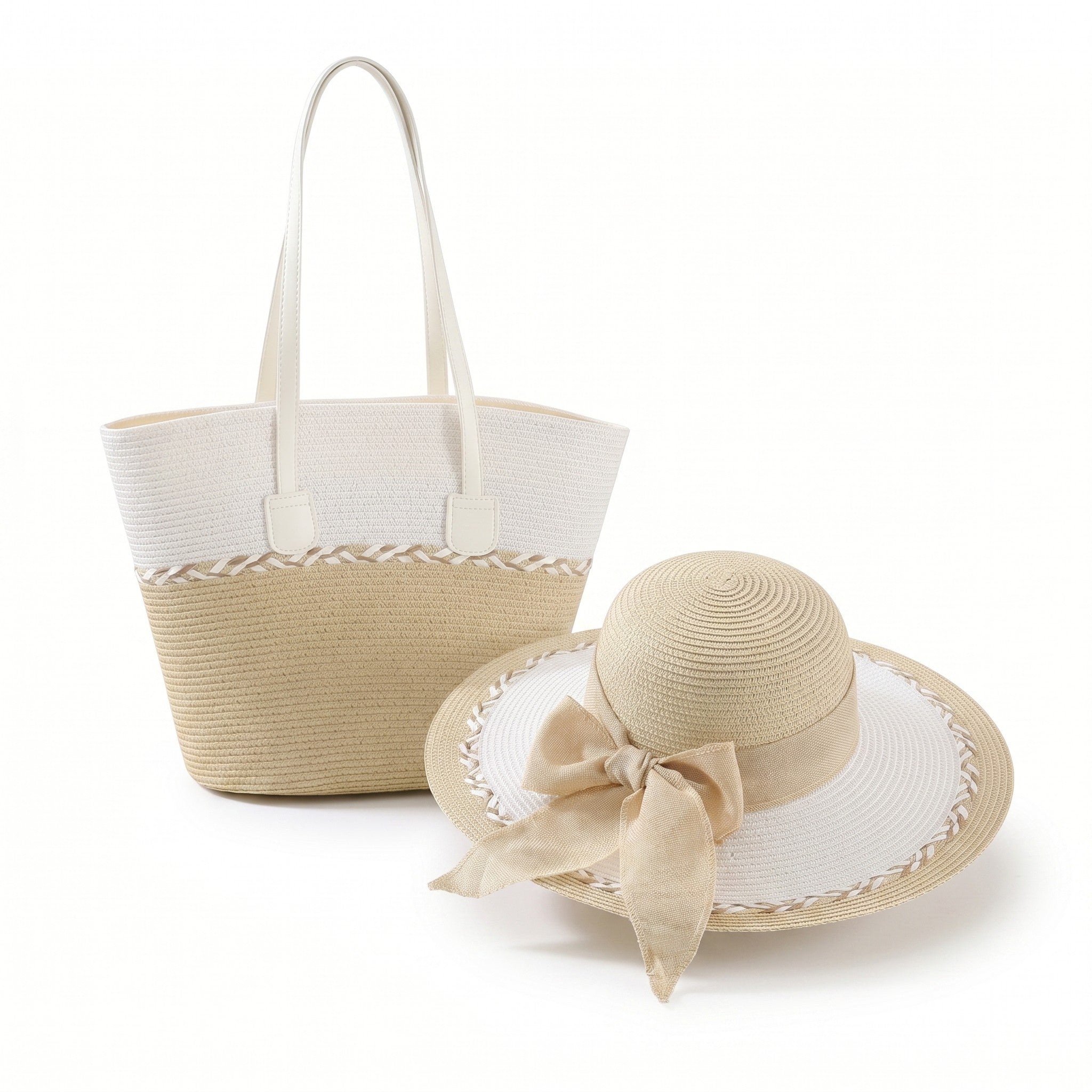 Anna-Kaci Womens Straw Sun Hat and Tote Bag Set Wide Brim Beach Vacation Summer Matching Set