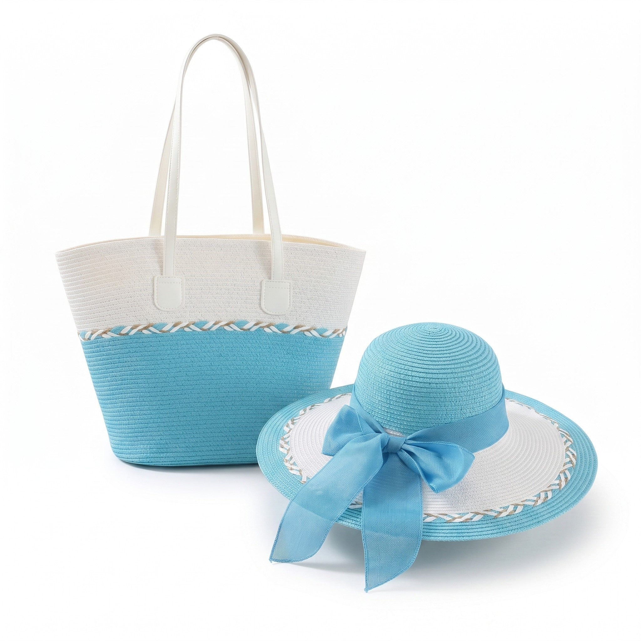 Anna-Kaci Womens Straw Sun Hat and Tote Bag Set Wide Brim Beach Vacation Summer Matching Set