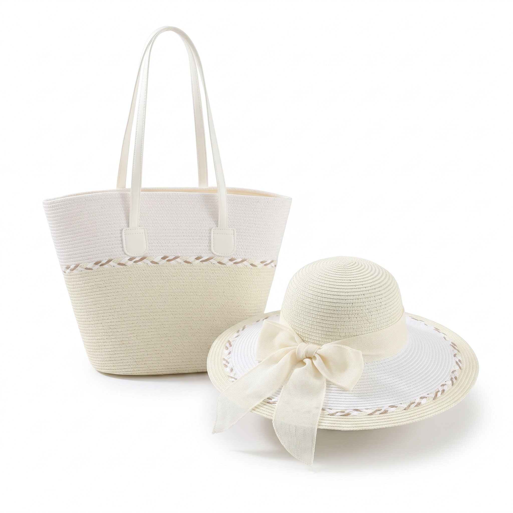 Anna-Kaci Womens Straw Sun Hat and Tote Bag Set Wide Brim Beach Vacation Summer Matching Set