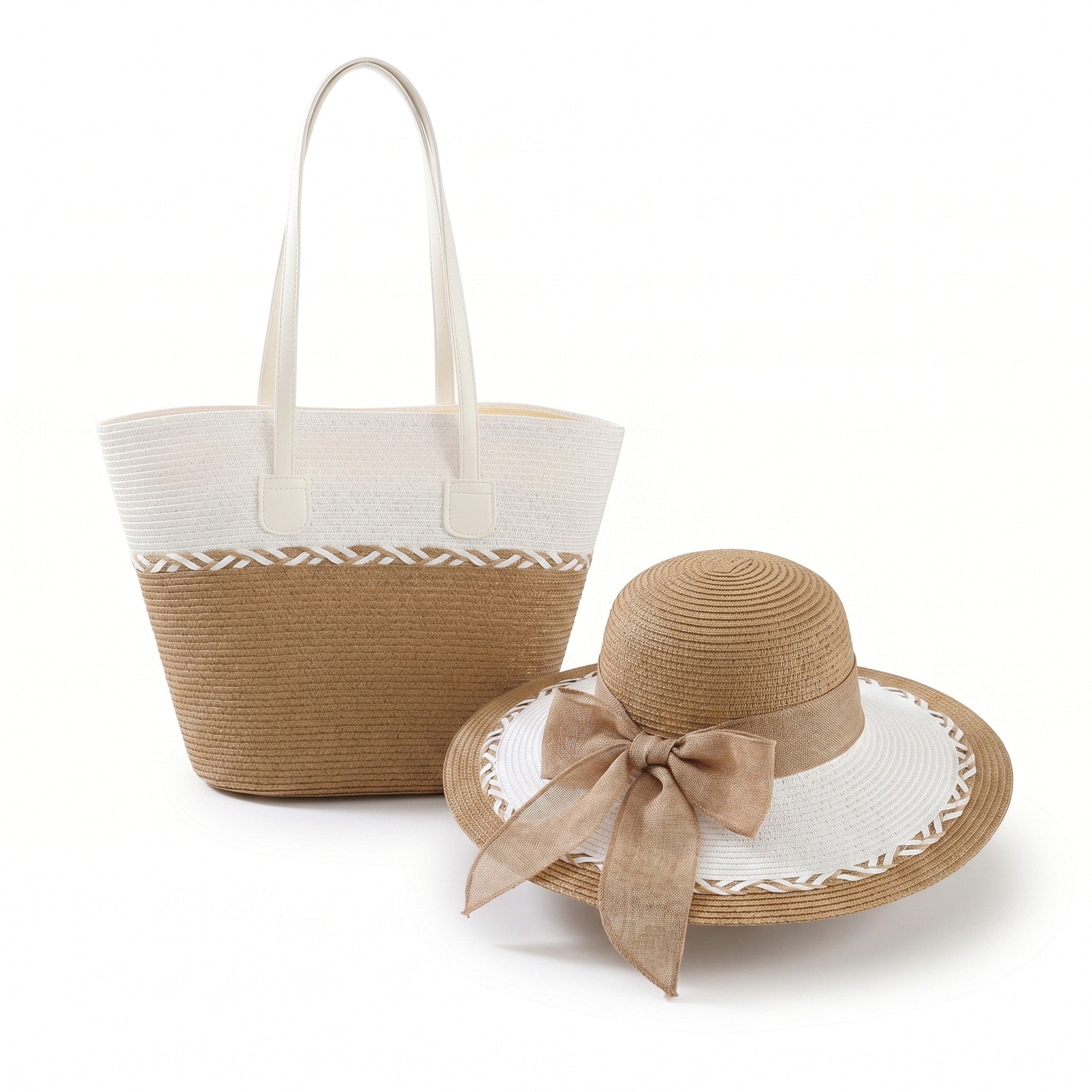 Anna-Kaci Womens Straw Sun Hat and Tote Bag Set Wide Brim Beach Vacation Summer Matching Set