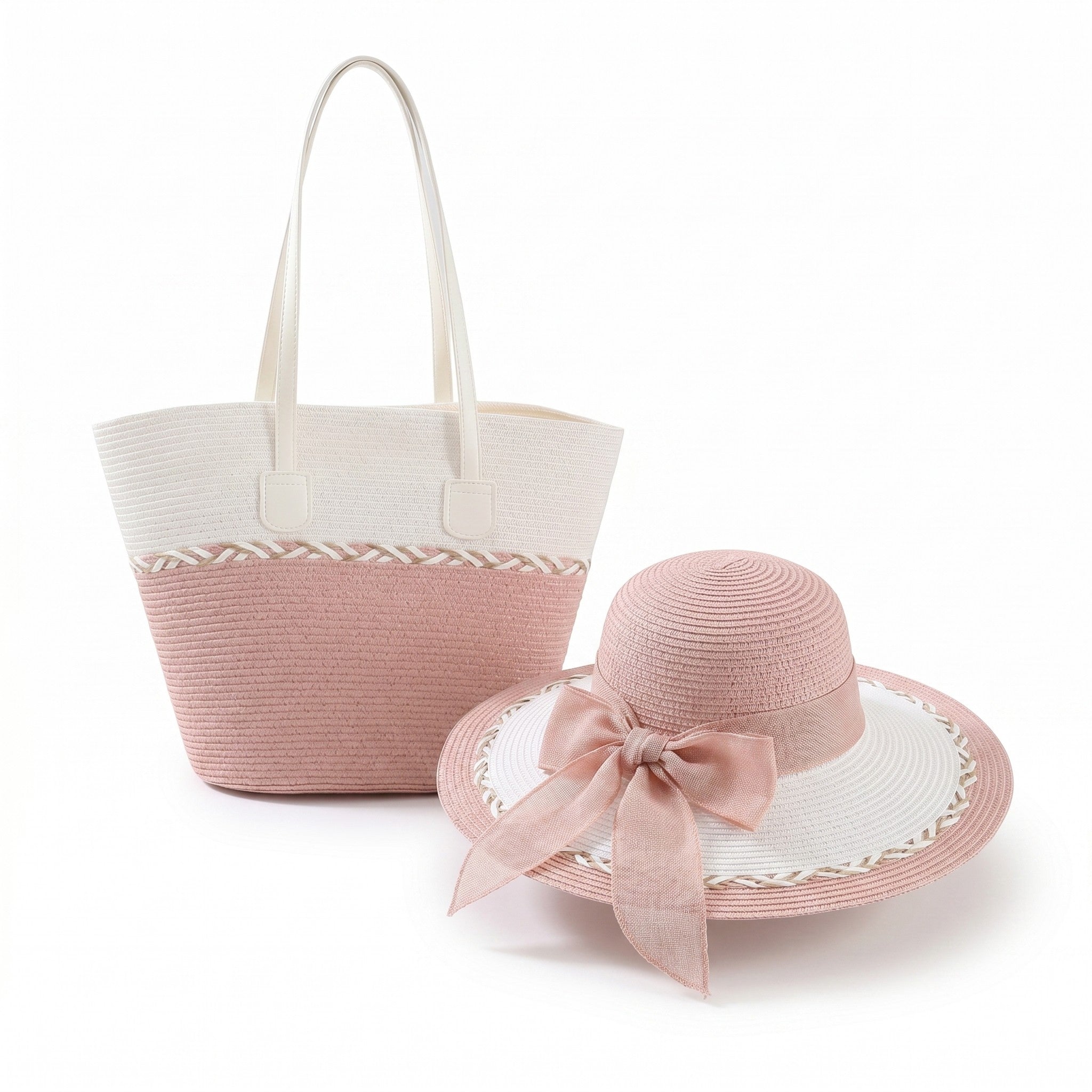 Anna-Kaci Womens Straw Sun Hat and Tote Bag Set Wide Brim Beach Vacation Summer Matching Set