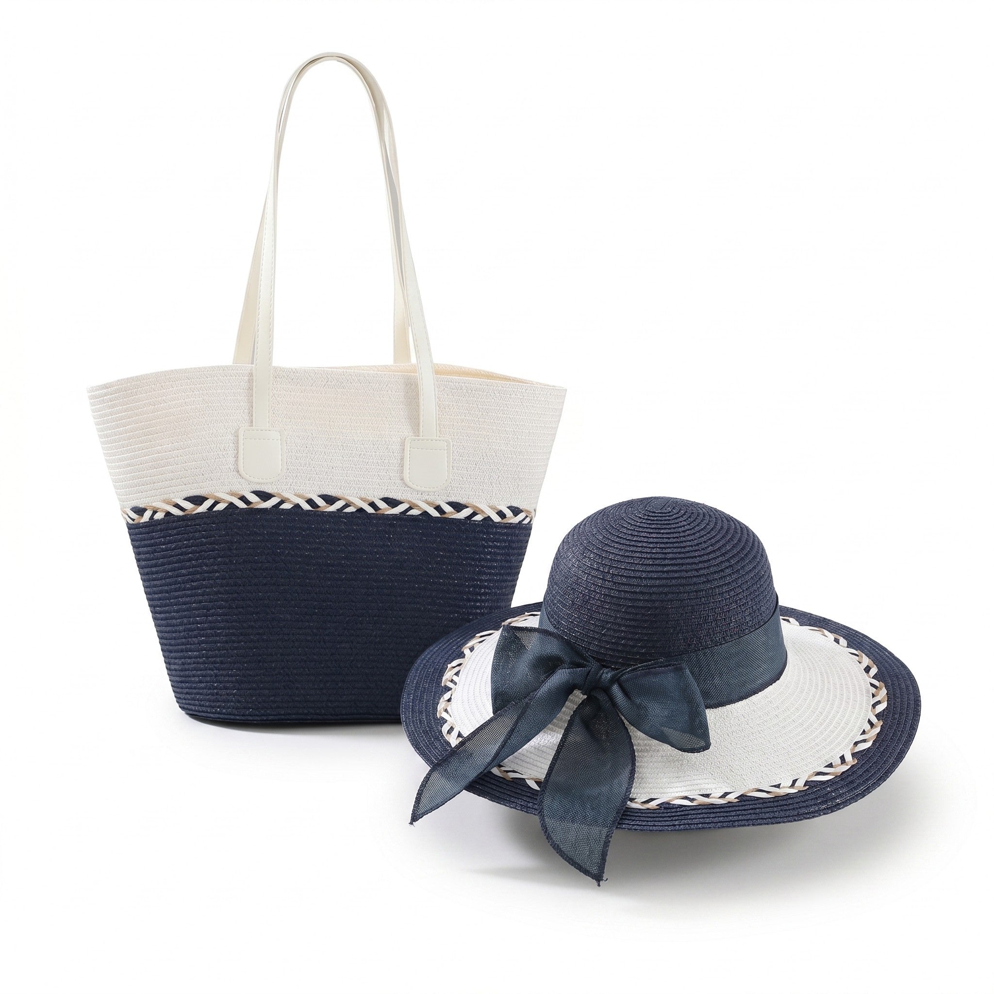 Anna-Kaci Womens Straw Sun Hat and Tote Bag Set Wide Brim Beach Vacation Summer Matching Set