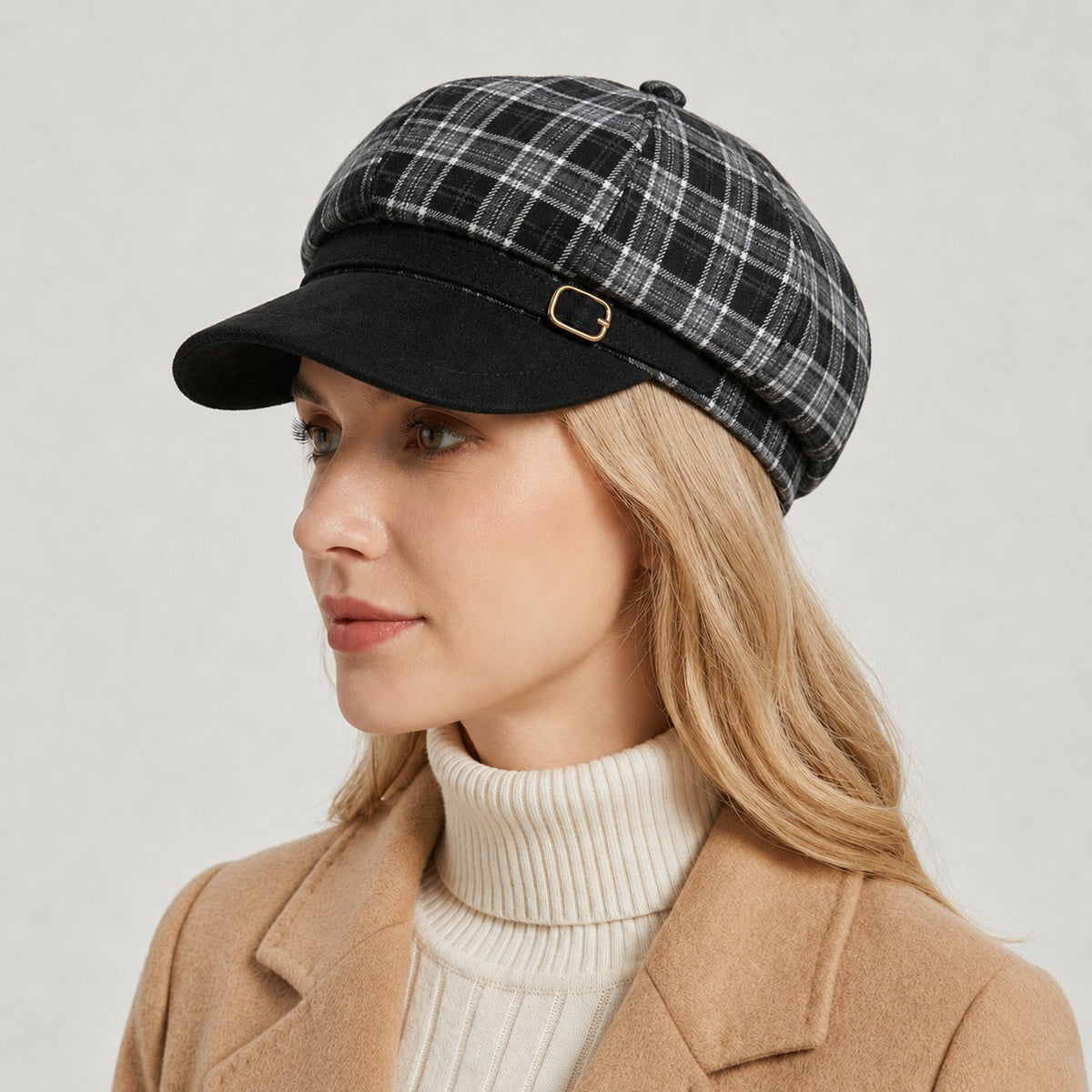 Plaid Newsboy Cap Vintage Baker Boy Hat Adjustable Buckle Band