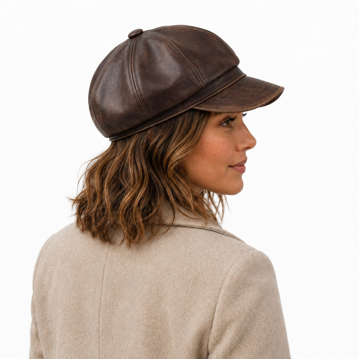 Gorra Newsboy de piel sintética con ocho paneles estilo vintage efecto desgastado